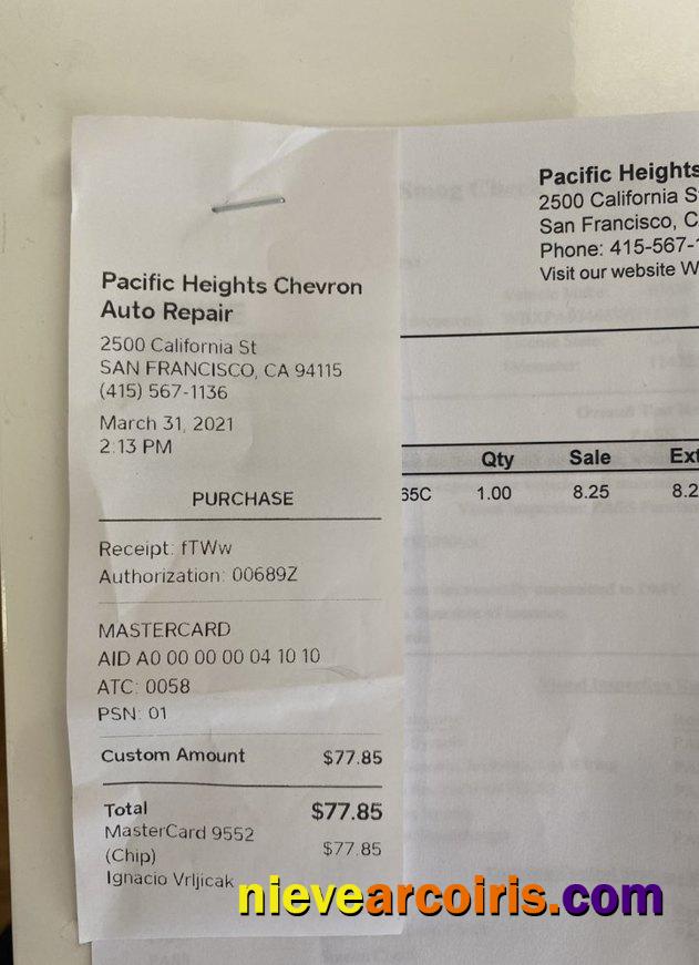 Pacific heights chevron auto repair payment receipt